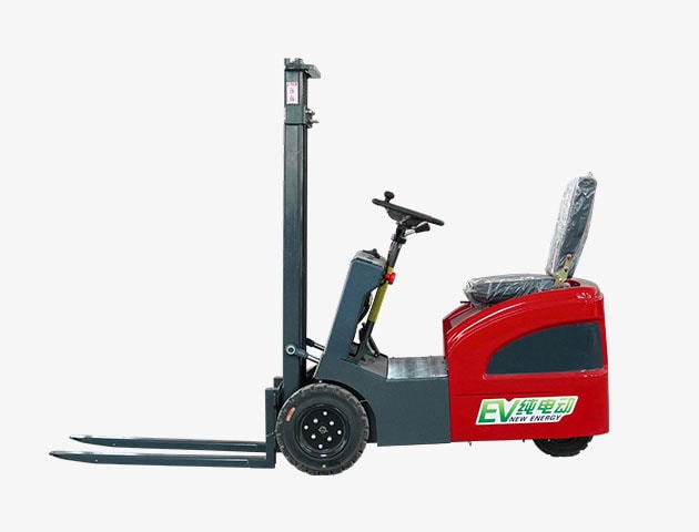 Red Fangwei electric forklift with black forks and compact design.
