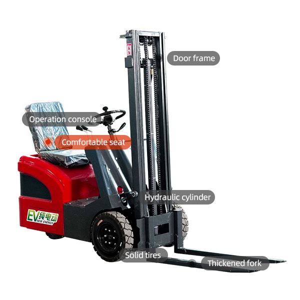 Fangwei electric forklift with hydraulic cylinder and solid tires for industrial tasks.