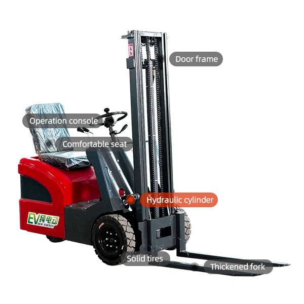 Electric forklift with hydraulic cylinder and thickened fork for material handling.