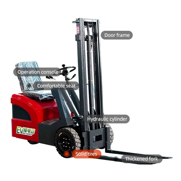Fangwei electric forklift with solid tires and hydraulic cylinder for lifting.
