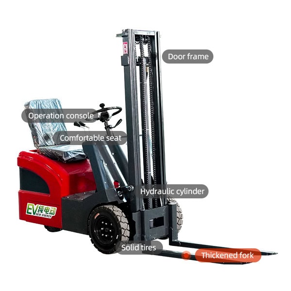 Electric forklift with hydraulic cylinder and thickened fork for industrial use.
